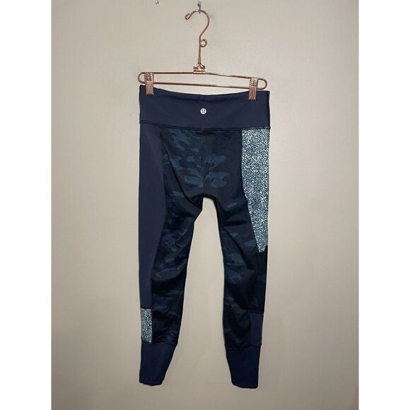 Lululemon Wunder Under Sashiko Leggings‎ Womens Patchwork Blue Yoga Luon Size 4 - Picture 2 of 4